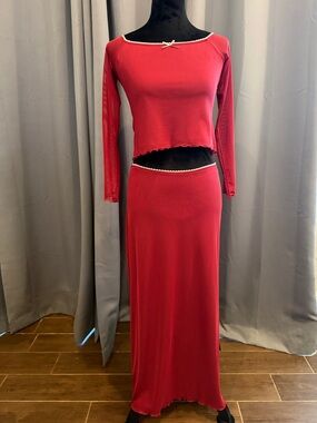 Le Lis Red Two-Piece Long Sleeve Crop Top and Maxi Skirt Set